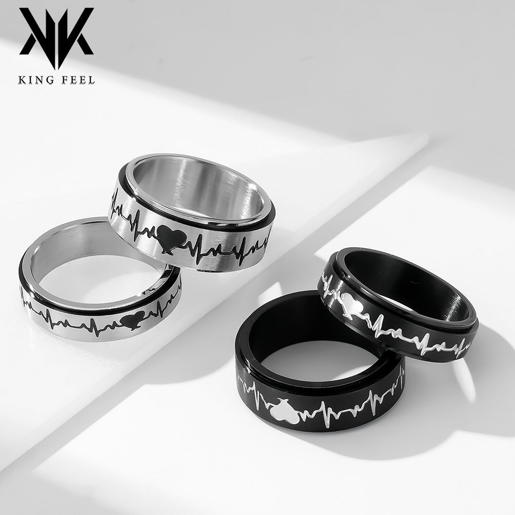 Stainless Steel Rotating Electrocardiogram Couple Ring – Heart Beat Stress-Relief Stainless