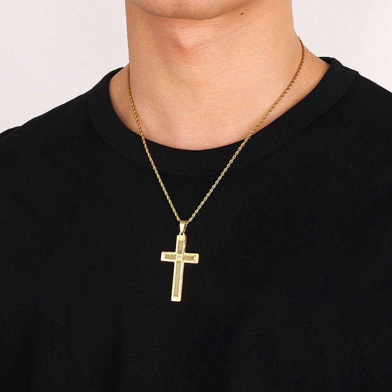 Street Pendant, Zircon Double-Layer Mesh Cross Stainless Steel Man Pendant Necklace