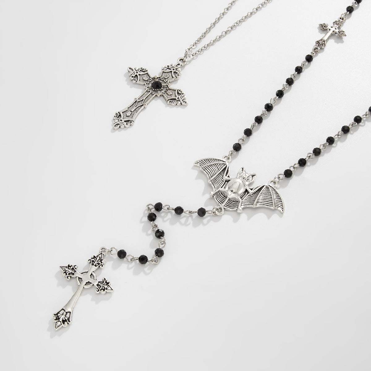 Gothic Bat Cross Crystal-Style Long Necklace