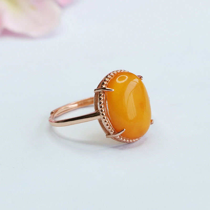 Sterling Silver Adjustable Oval Beeswax Amber Ring