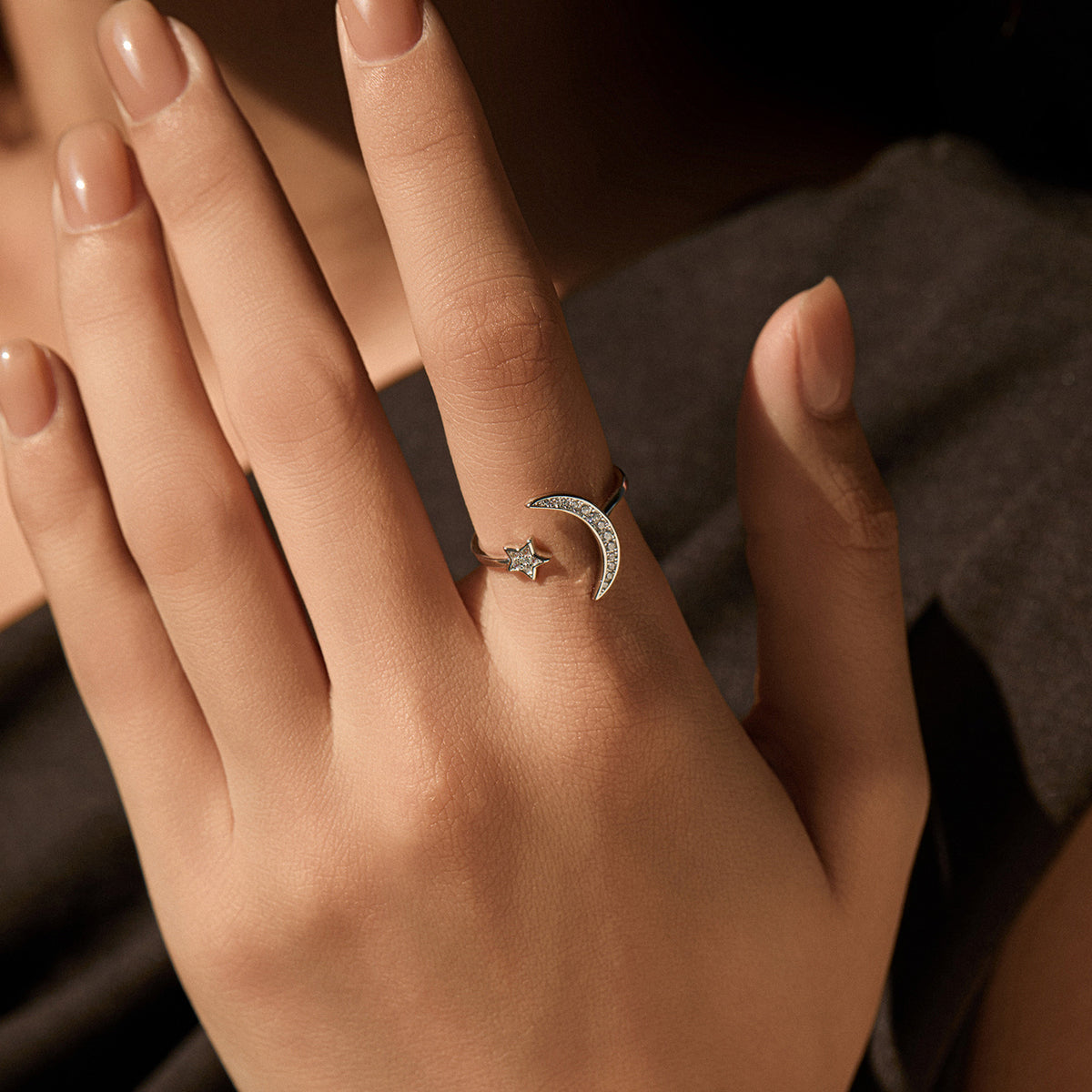 925 Sterling Silver Celestial Moon Star Zircon Ring