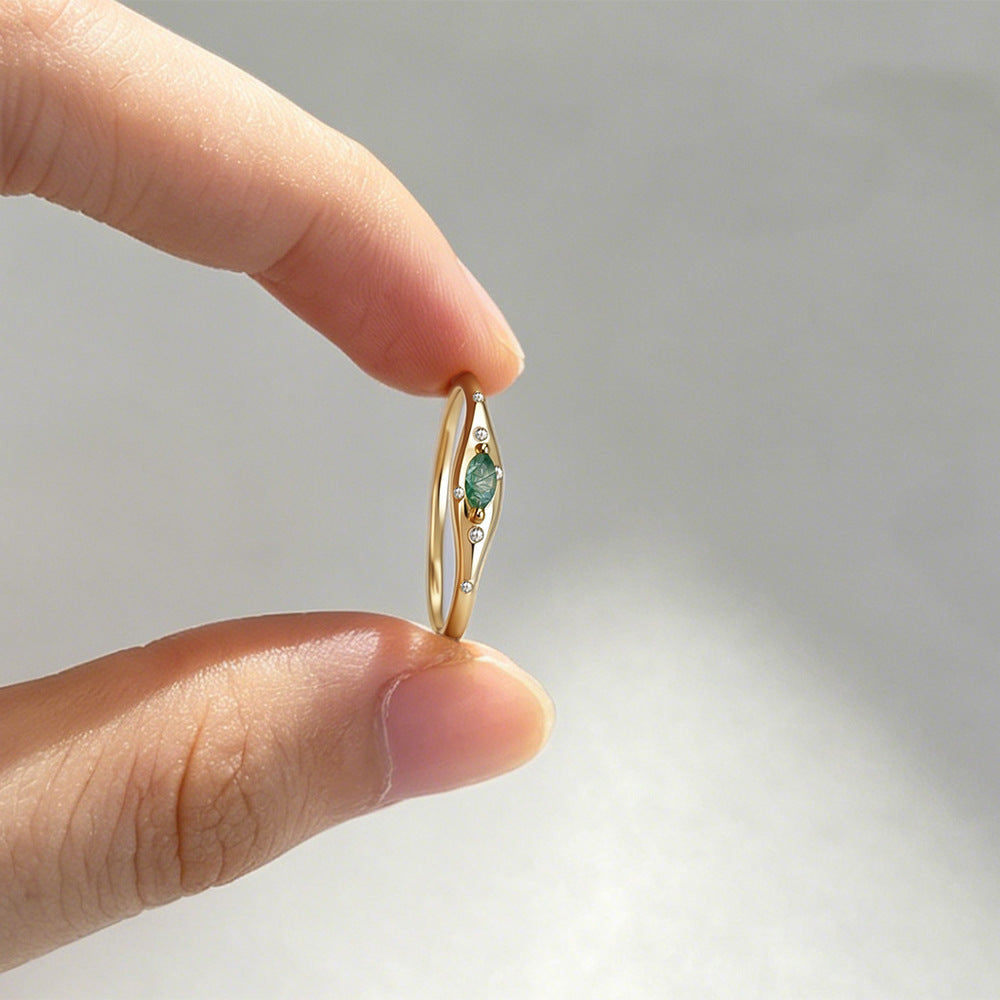 S925 Pure Silver-Green Moss Stone Ring, Fresh Aquatic Agate Finger Ring,