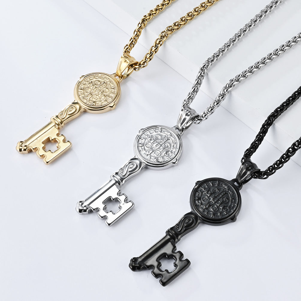 Planderful Saint Benedict Key Necklace Exorcist Titanium Steel Protection Pendant For Gothic Jewelry Lovers