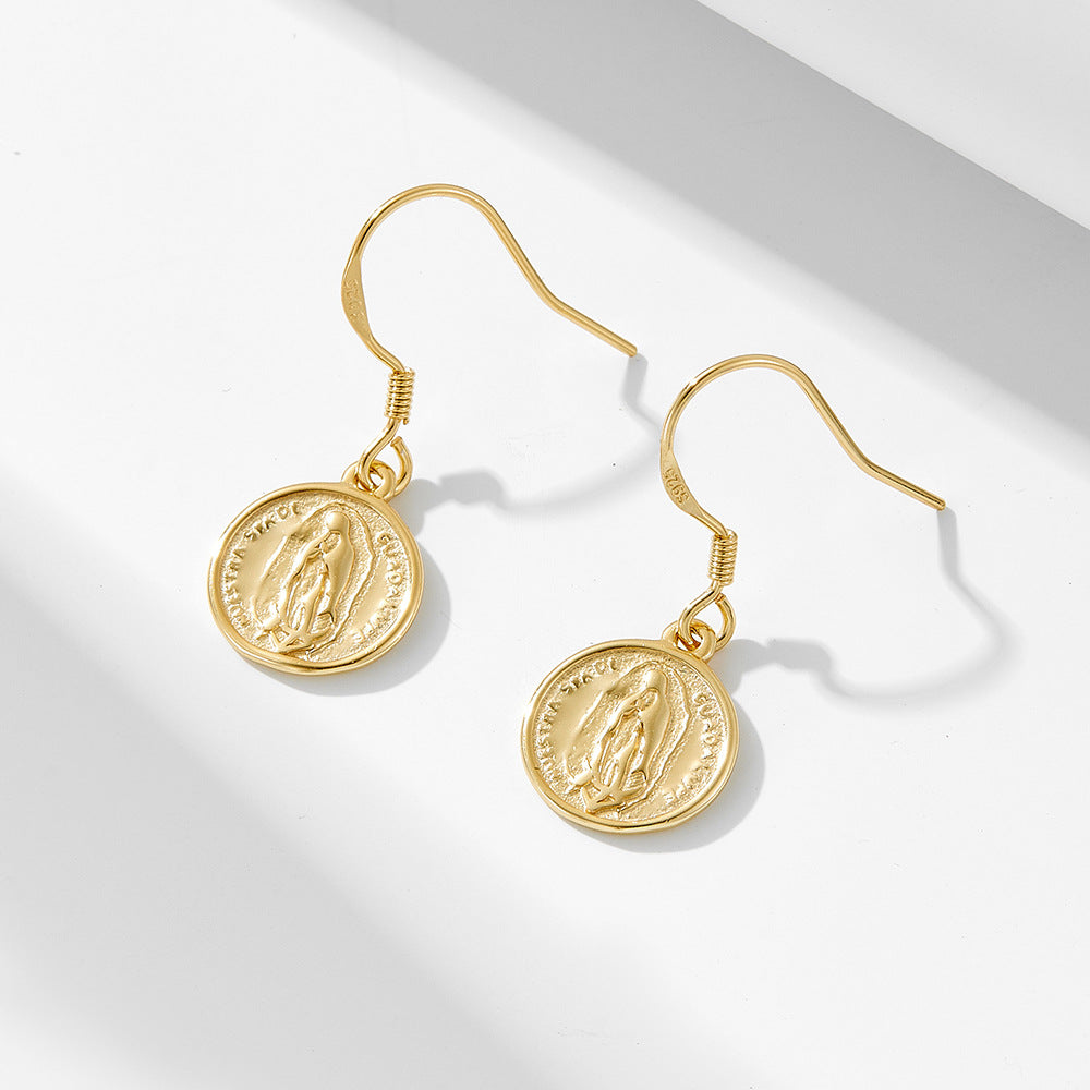 925 Sterling Silver Circle Coin Earrings Style Retro Round Brand Virgin Mary Relief