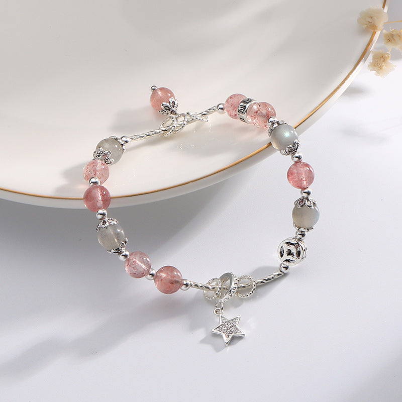 Strawberry Crystal Sterling Silver Bracelet with Stars and Moon Design