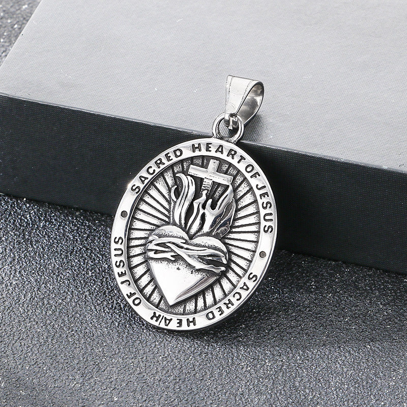 Double Sided Totem Guardian Charm Shield Pendant, Vintage Portrait Cross Sacred Heart Necklace