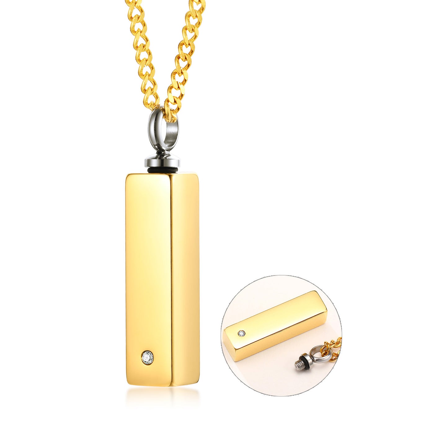 Stainless Steel Rhinestone Cuboid Urn Pendant Gold Necklace