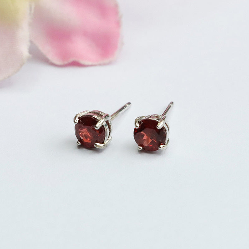 Burgundy Garnet Four-Prong 925 Silver Stud Earrings