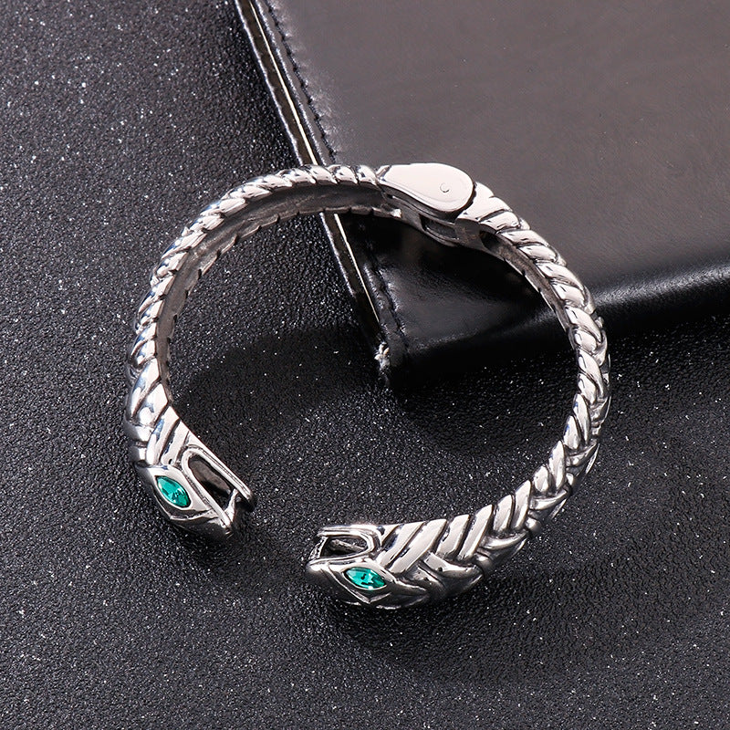 Rock Hip-Hop Zircon-Inlaid Double Snake Opening Titanium Steel Men's Bracelet
