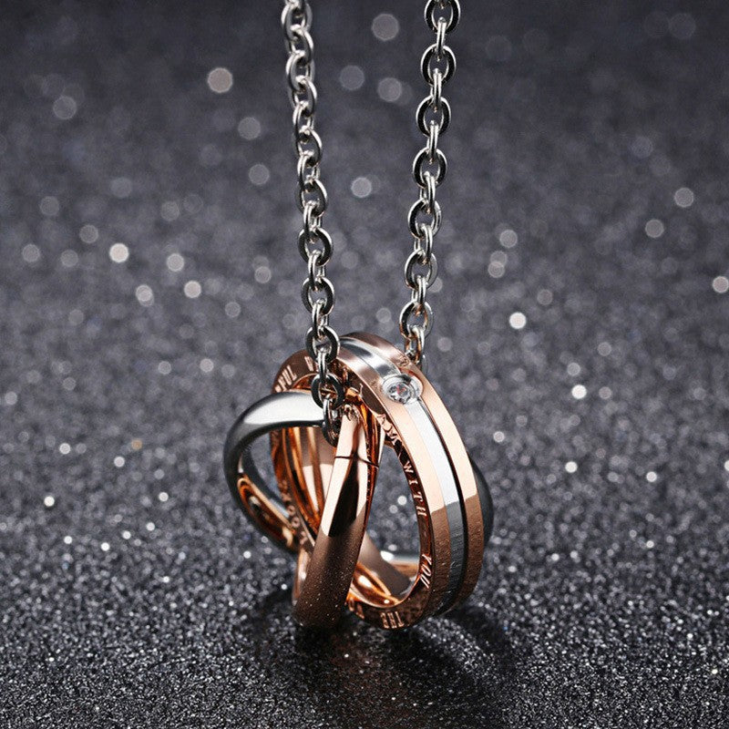 Planderful Everyday Genie Elegant Three Ring Pendant Necklace For Couples Zirconia Titanium Steel Jewelry