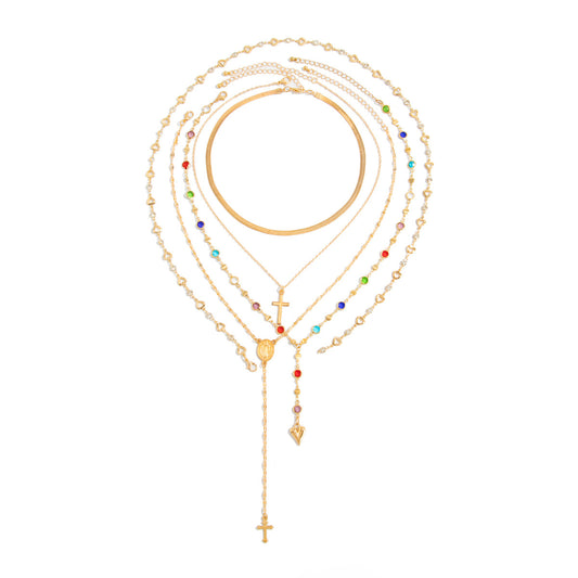 Sun Gem Pendant Stacked Necklace Color Crystal Y-Shaped Long Fringed Necklace