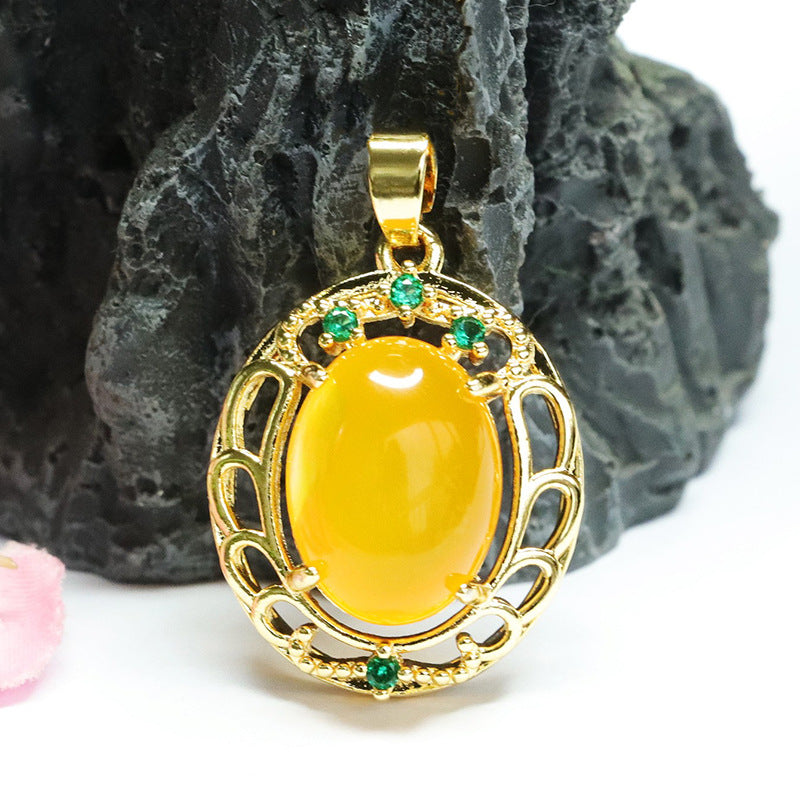 Oval Yellow Chalcedony Hollow Zircon Pendant