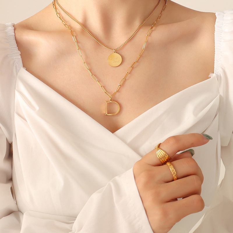 18K Gold Plated Double-Layer Letter Pendant Necklace with Detachable Chain - Women's Jewelry