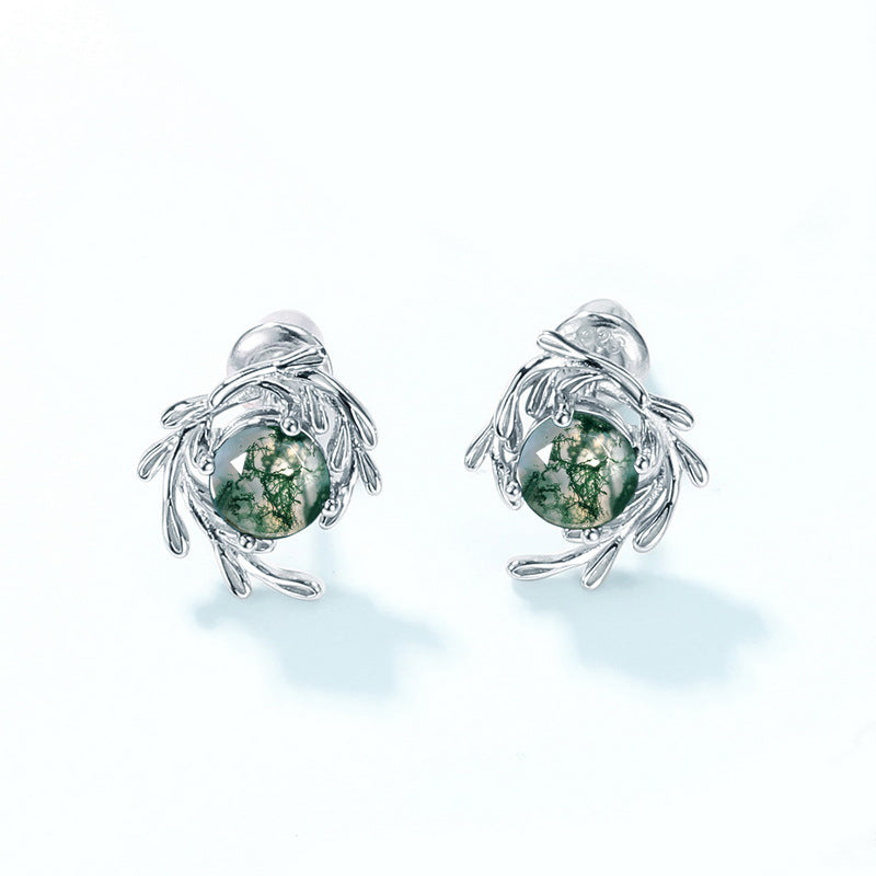 S925 Sterling Silver Moss Agate Minimalist Stud Earrings
