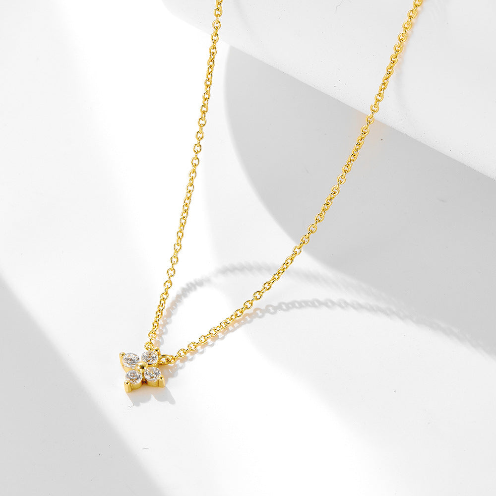 925 Sterling Silver Plated 14k Gold Inlaid Zircon Four-Leaf Clover Flower Pendant Necklace Daily