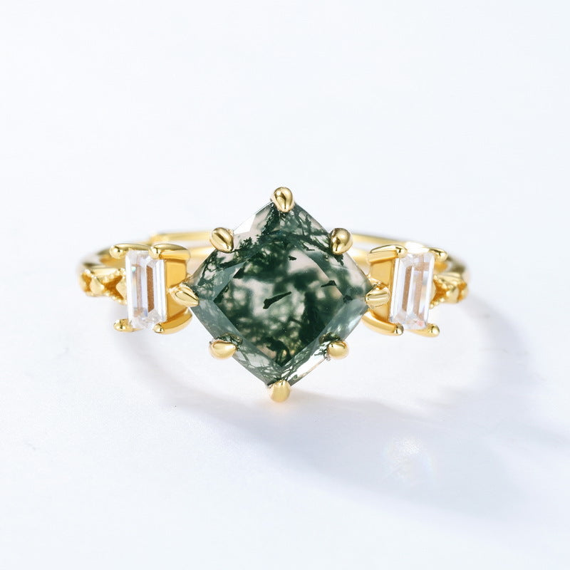 S925 Sterling Silver Moss Agate Geometric Minimalist Ring