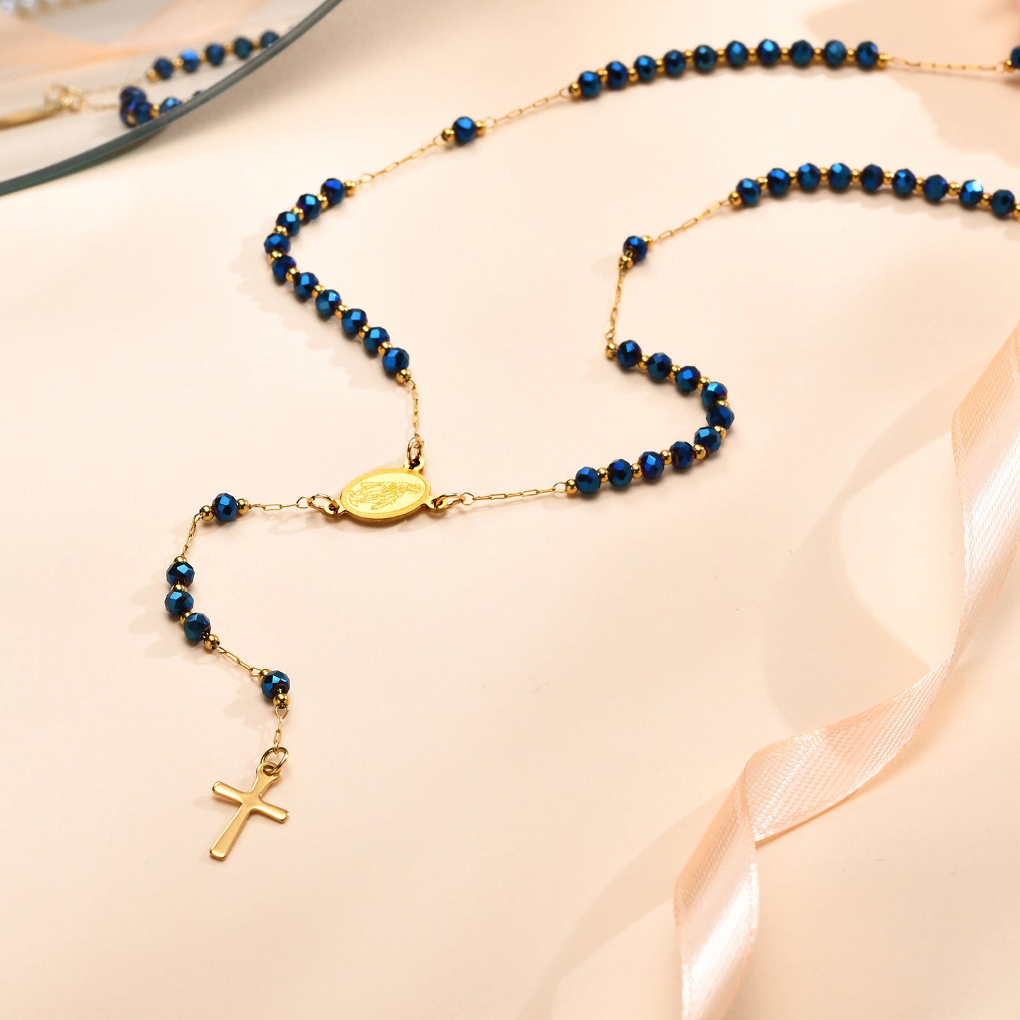 Ladies Stainless Steel Virgin Mary Cross Beaded Necklace Gold