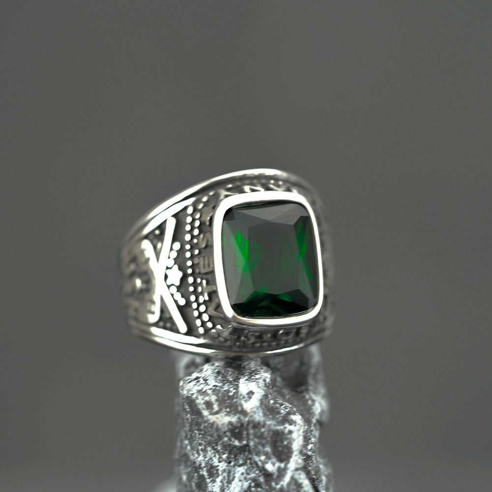 European And American Retro Jewelry Stainless Steel Ring Men's Hip-Hop Style Green Stone Personality Ring