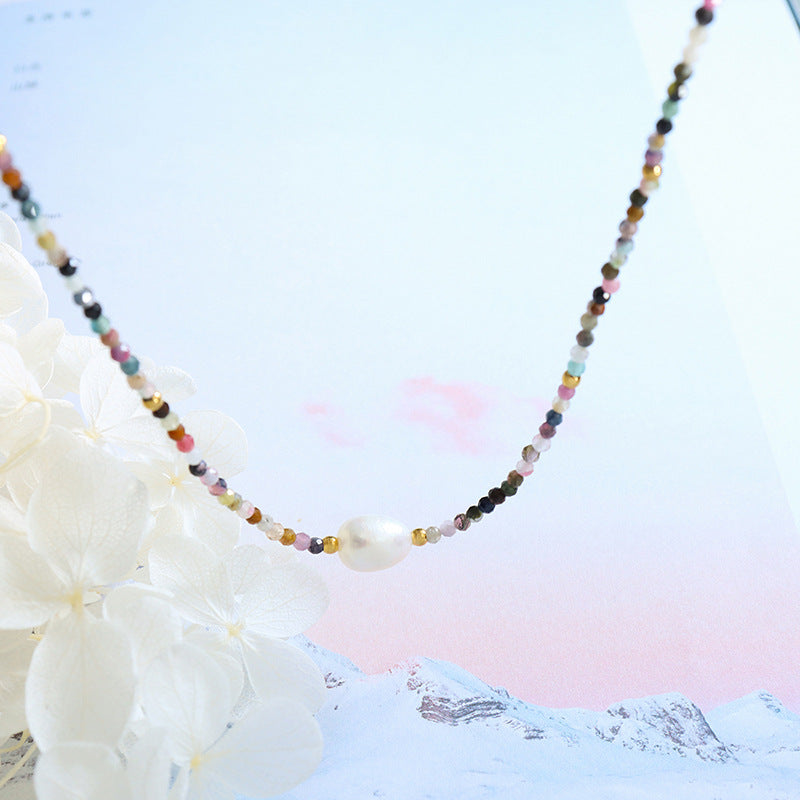 Ethnic Charm Necklace with Colorful Stone Beads and Pearl Pendant