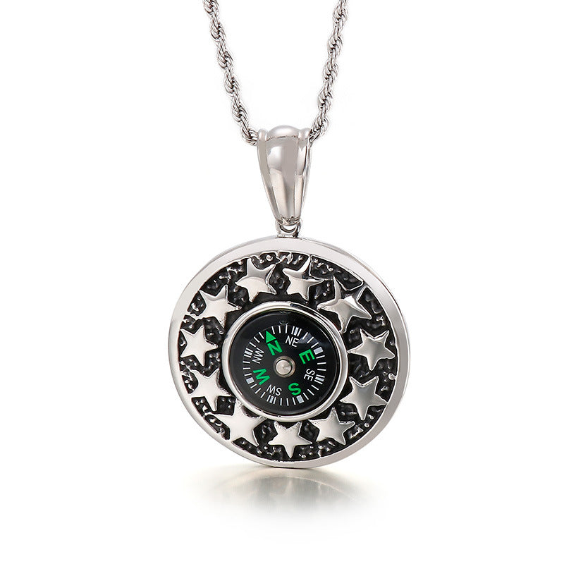 Stainless Steel Five-Pointed Star Compass Pendant for Men