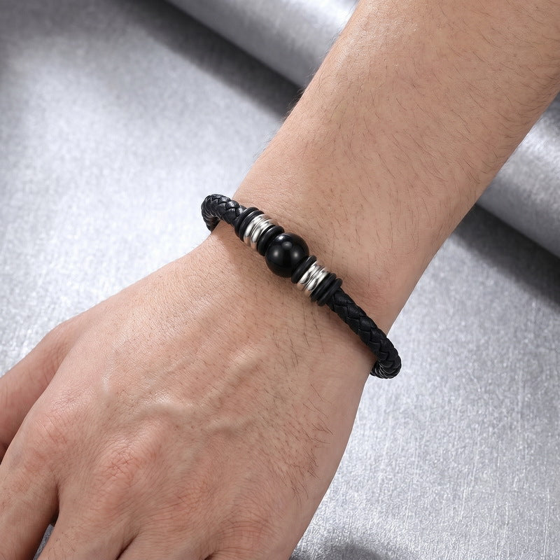 Woven Leather Rope Bracelet Tiger's Eye Stone Lapis Lazuli Magnetic Buckle Stainless