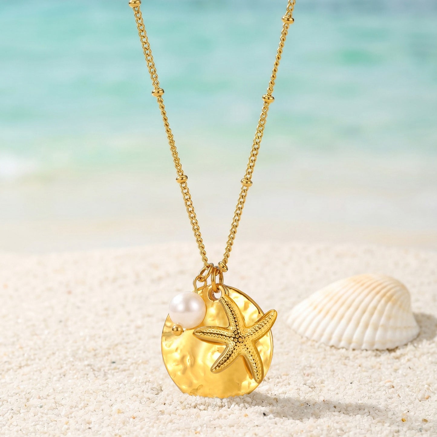 Ocean Wind Stainless Steel Side Clip Bead Chain Starfish Shell Necklace Women's