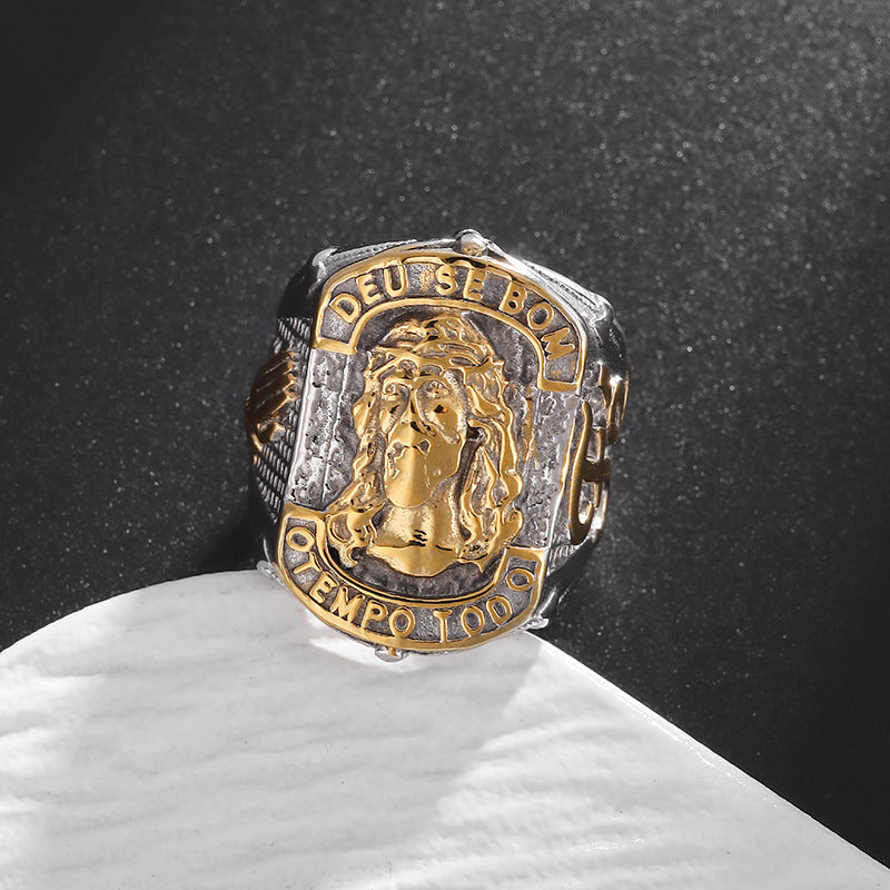 Planderful Everyday Genie Jesus Ring Gold Plated Titanium Steel For Men Hip Hop Inspired Religious Jewelry