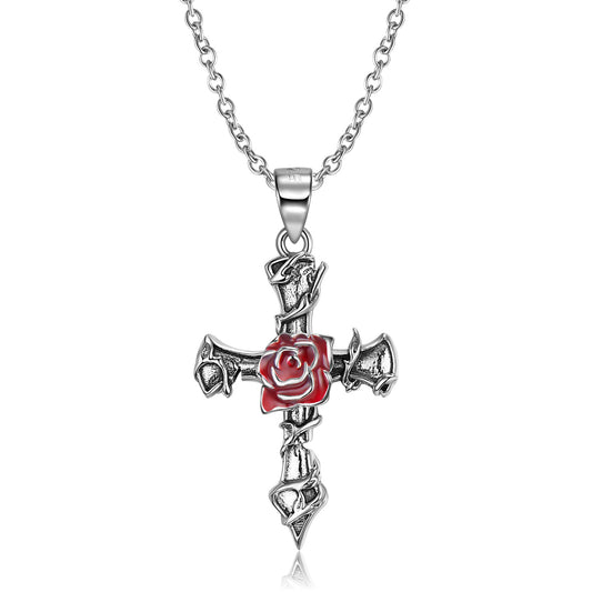 Thorns Rose Cross Pendant Silver Necklace