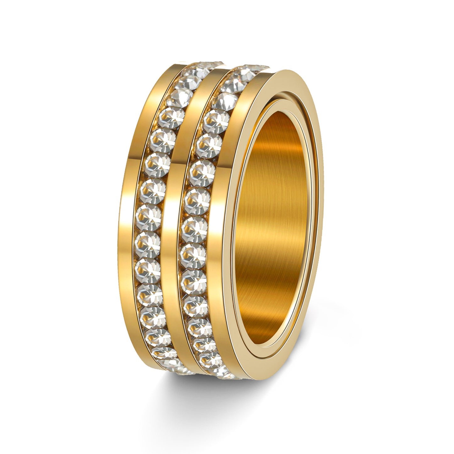 Planderful Everyday Genie Zircon Stainless Steel Ring Rotatable Double Row 8mm Gypsy Unisex Jewelry