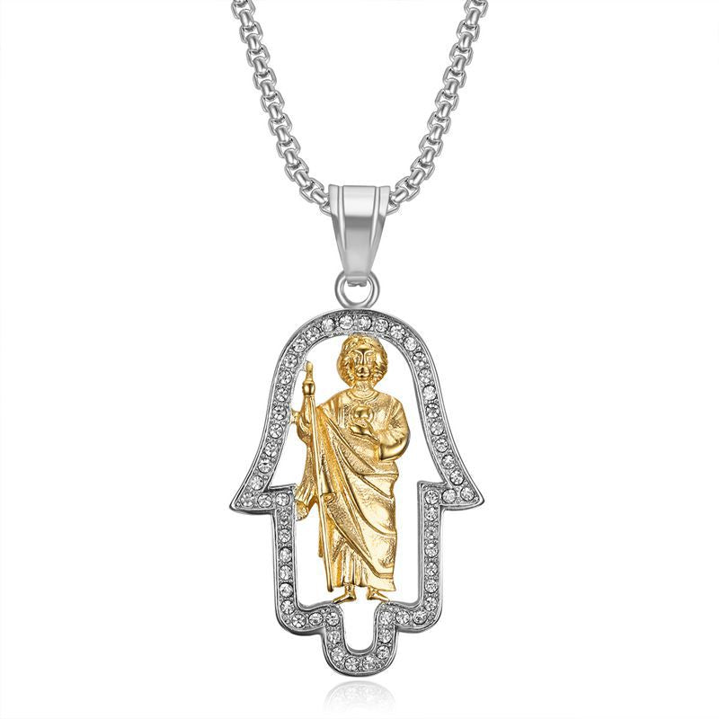 Planderful Hip Hop Pendant Necklace Stainless Steel Gold Plated Zircon Fatima Hand St Jude Urban Jewelry Lovers Must Have