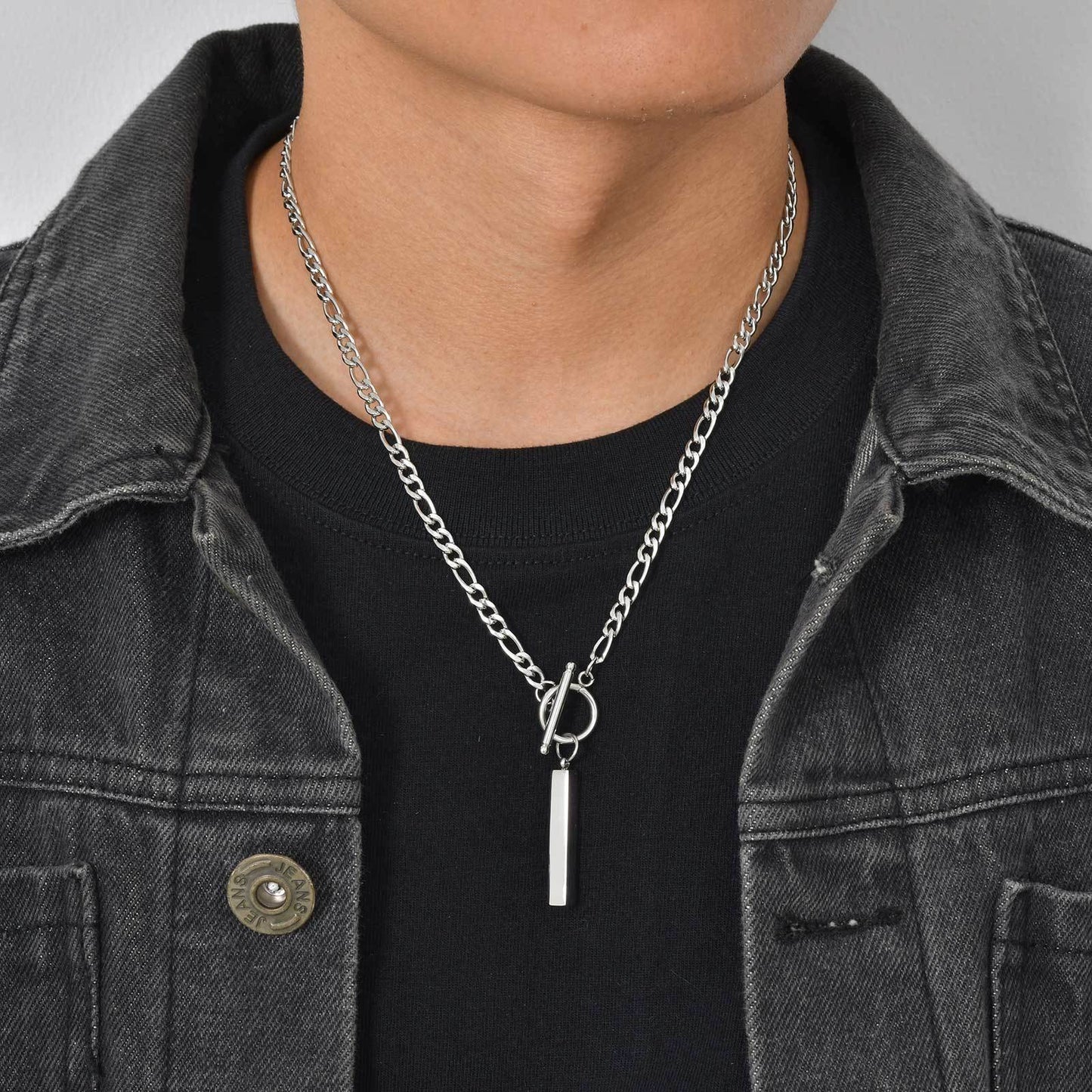 Stainless Steel Minimalist Street Style Chain Toggle Clasp Rectangular Strip Necklace Men