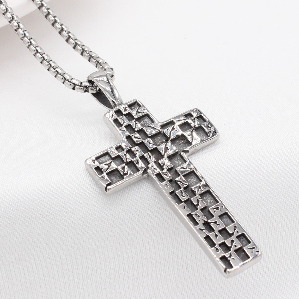 Planderful Titanium Steel Mosaic Cross Pendant Necklace For Men And Women Unisex Vintage Statement Jewelry