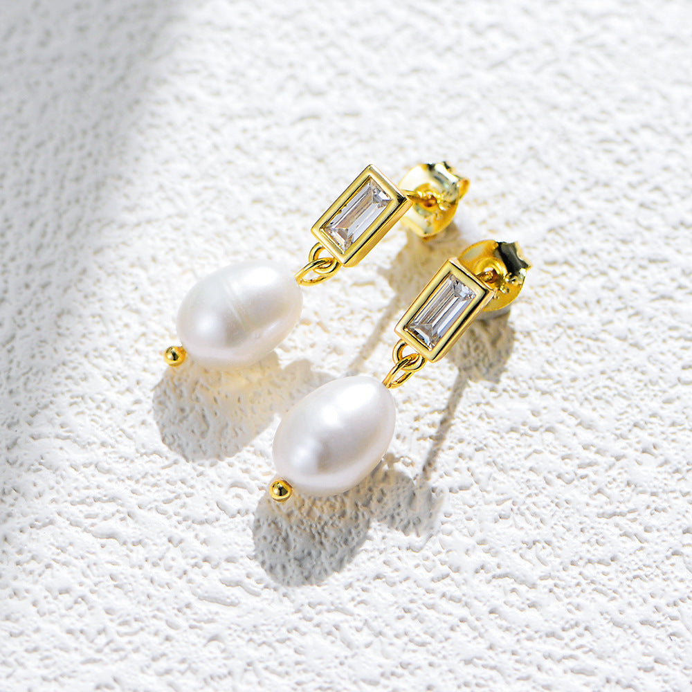 Planderful S925 Sterling Silver Natural Freshwater Pearl Earrings For Women With Luxurious Rectangular Zircon Accents
