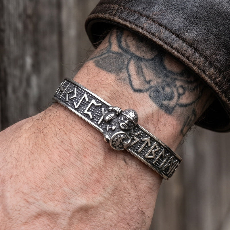 Nordic Viking Warrior Luhn Rune C-Type Bracelet Wolf Head Stainless Steel Men's Open