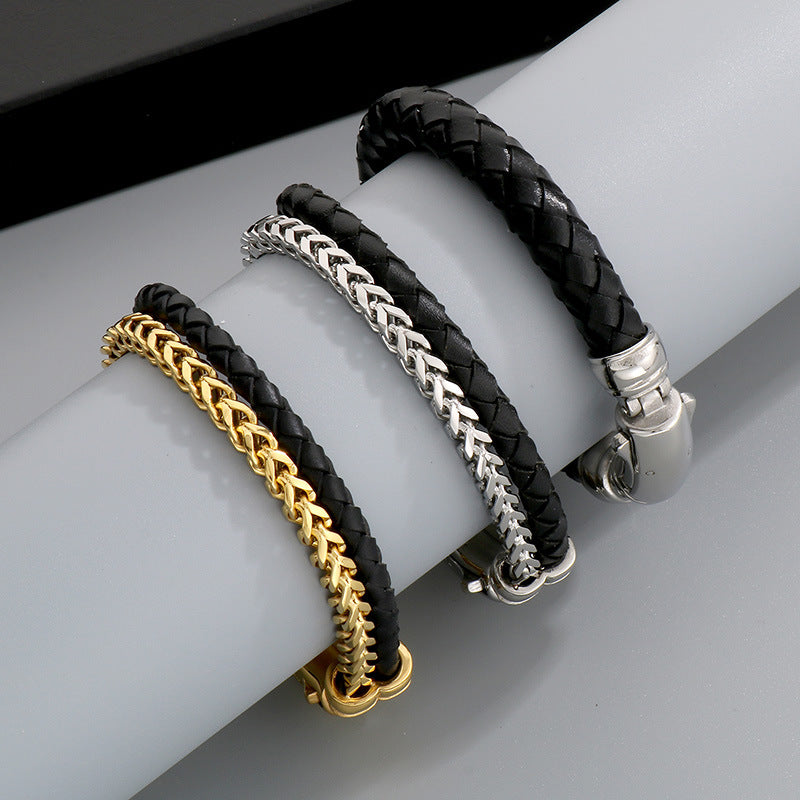 Stylish & Double-Layer Spliced Leather Bracelet – Vacuum Electroplated Spring Buckle