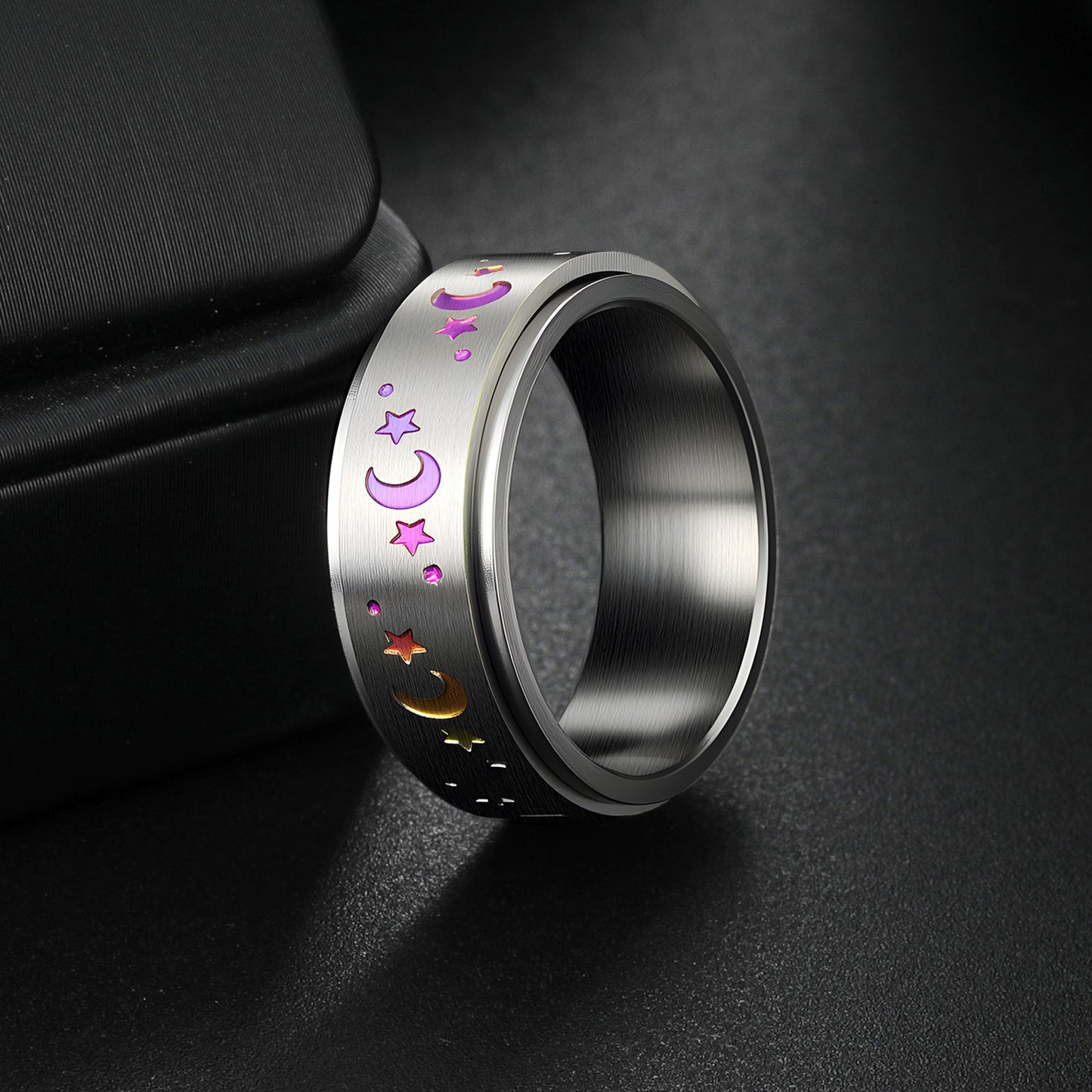 Planderful Everyday Genie 8mm Rotatable Star Moon Stainless Steel Ring For Men Unisex Couples Statement