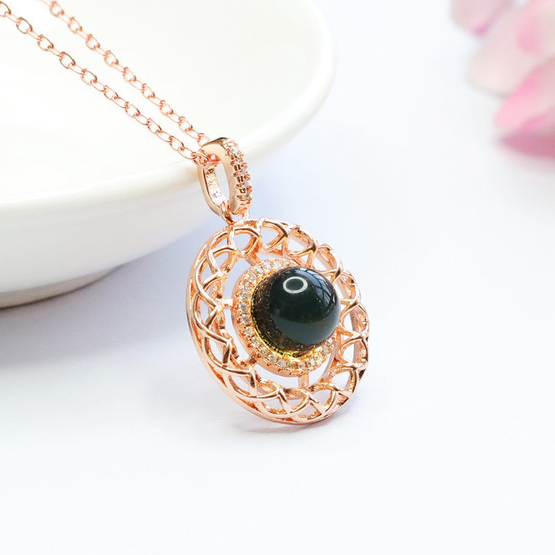 Blue Amber Zircon Halo Sterling Silver Necklace with Beeswax Amber Gem