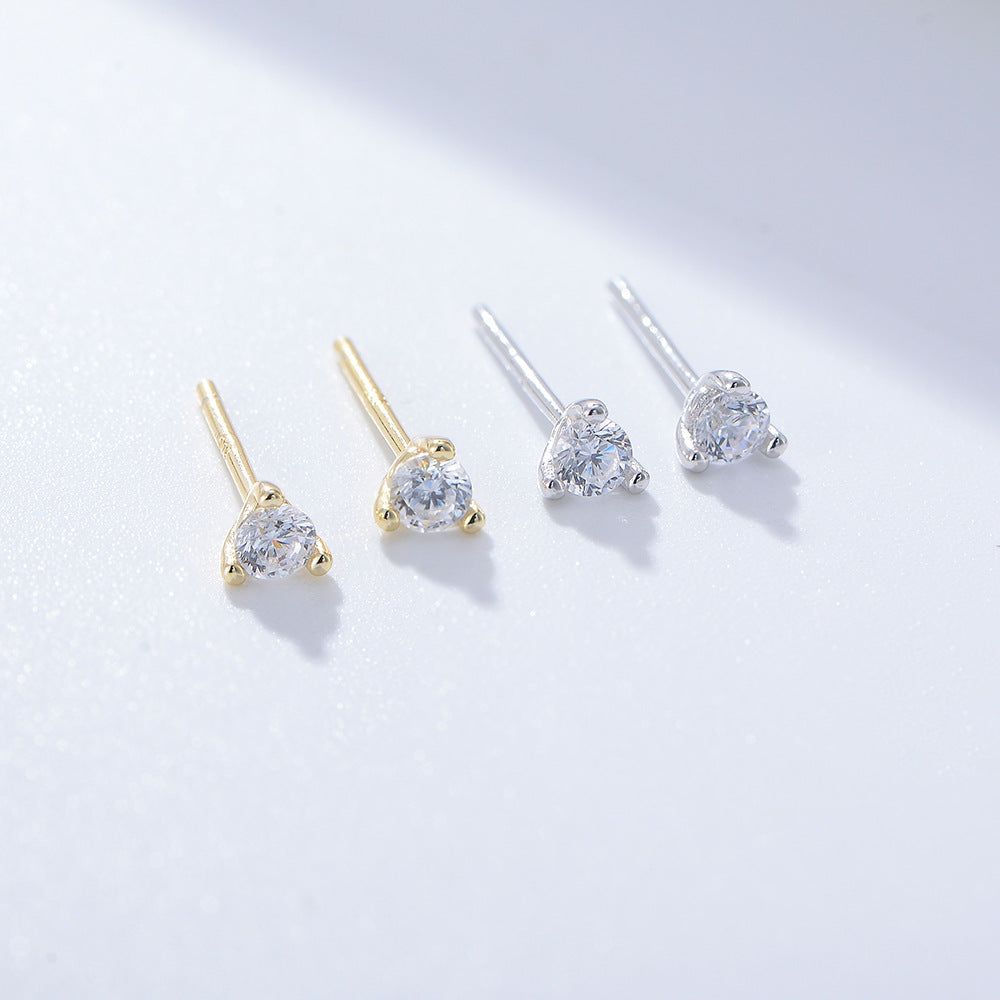 S925 Sterling Silver Three-Claw Round Zircon Stud Earrings Mini Earrings Trinkets
