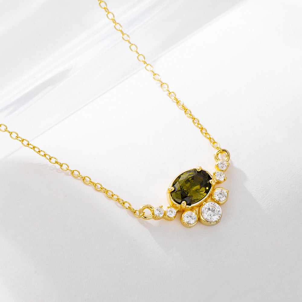 S925 Sterling Silver Egg-Shaped Olive Green Zircon Pendant Necklace Wind Color Treasure Necklace
