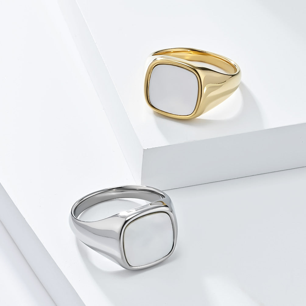 Planderful Titanium Steel Ring Unisex Square Seal With Shell Inlay Light Luxury Fashion Jewelry