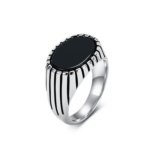Men's Stainless Steel Black Gemstone Ring