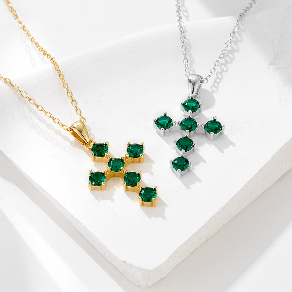 Style Retro Emerald Zircon Cross Pendant Necklace 925 Sterling Silver