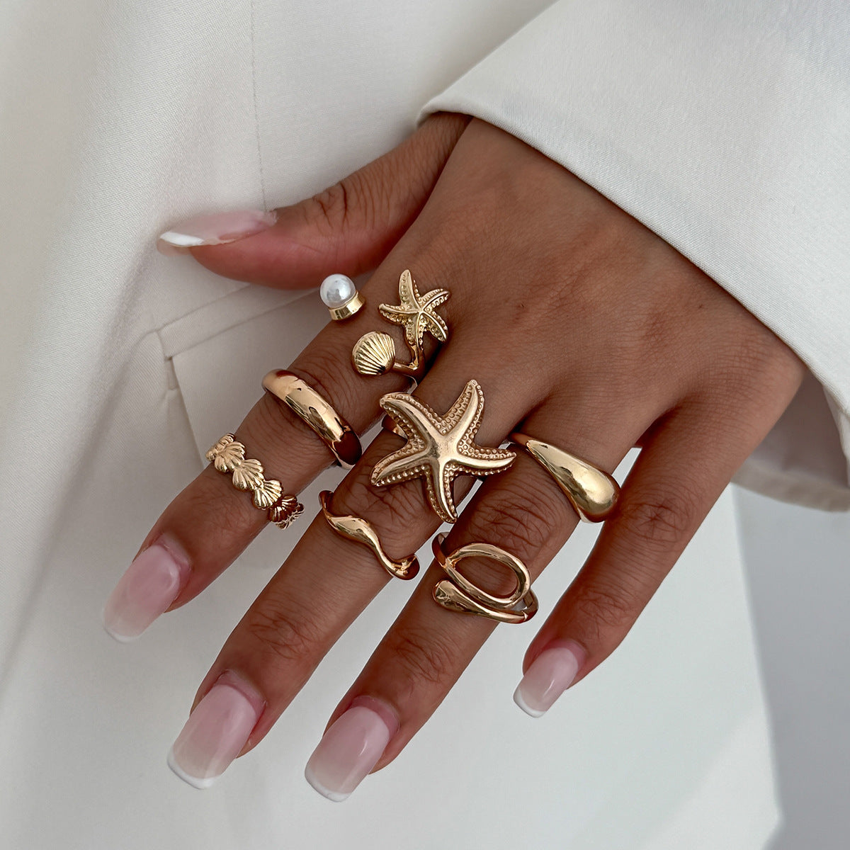Planderful Vienna Verve Ocean Starfish Shell Ring For Women Irregular Glossy Statement Jewelry
