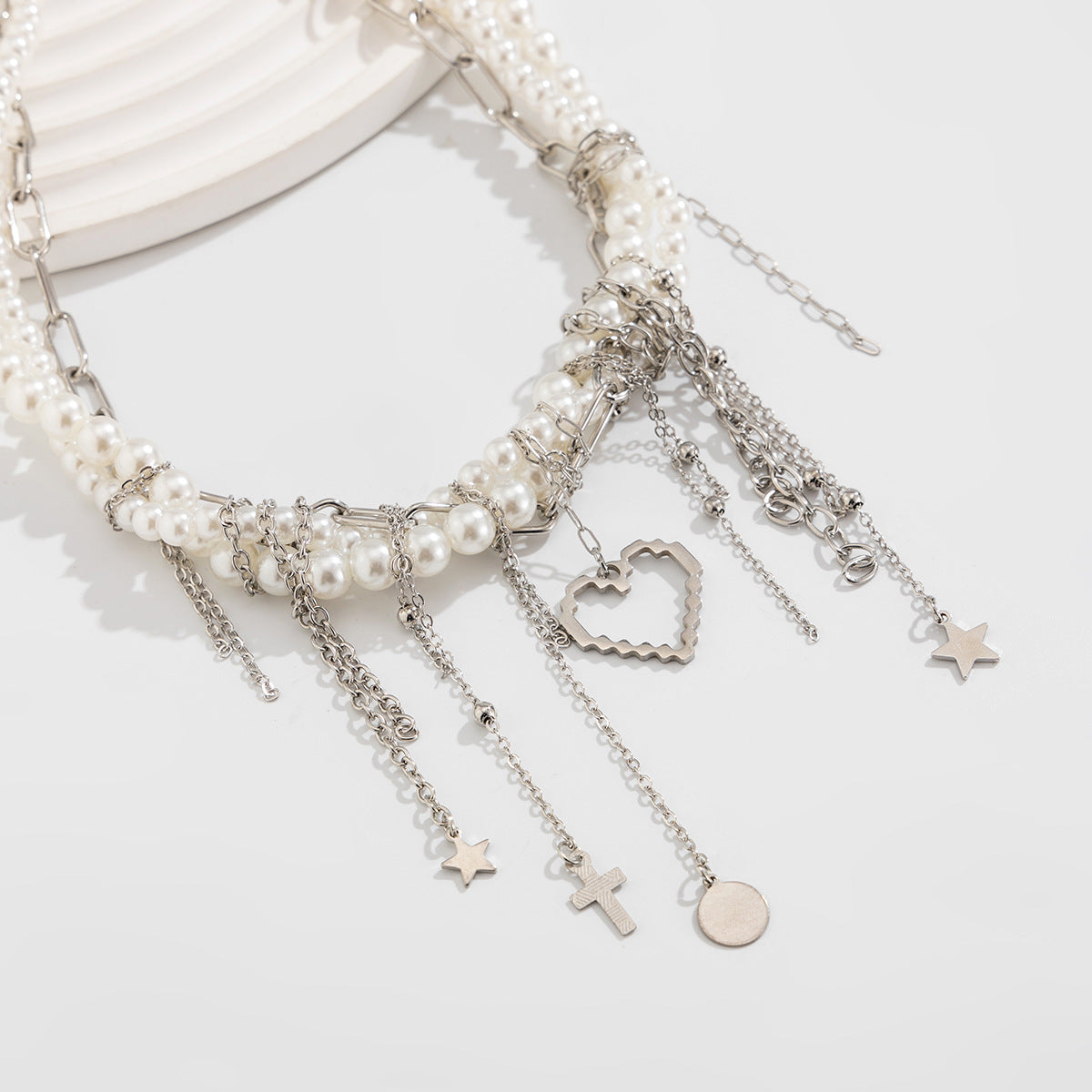 European and American cross-border jewelry exaggerated metal rivet cross necklace fashionable multi-layer imitation pearl star and moon fringed necklace