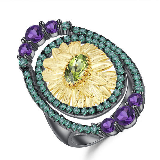 Vintage Oval Sunflower Natural Amethyst and Olivine Silver Ring