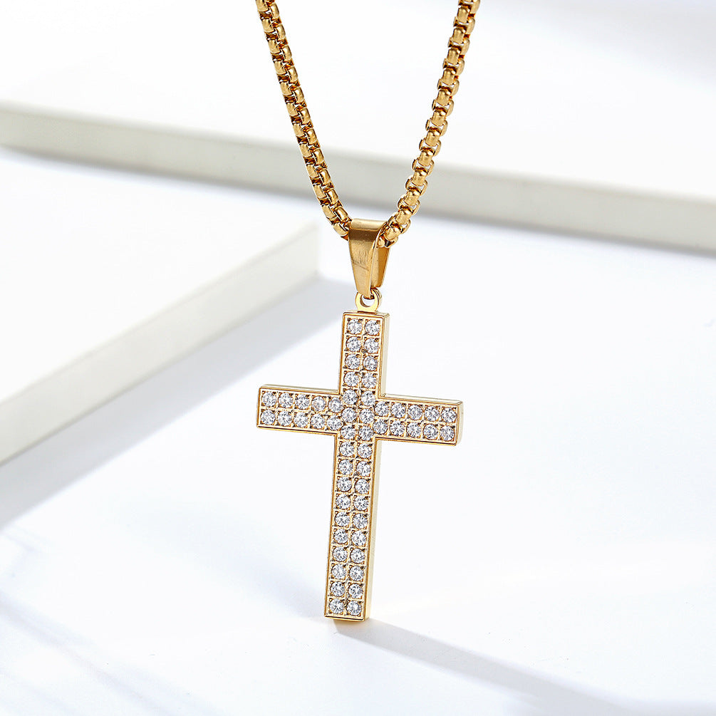 Planderful Cross Necklace Titanium Steel Zircon Inlaid Luxe Pendant For Urban Hip Hop Fans
