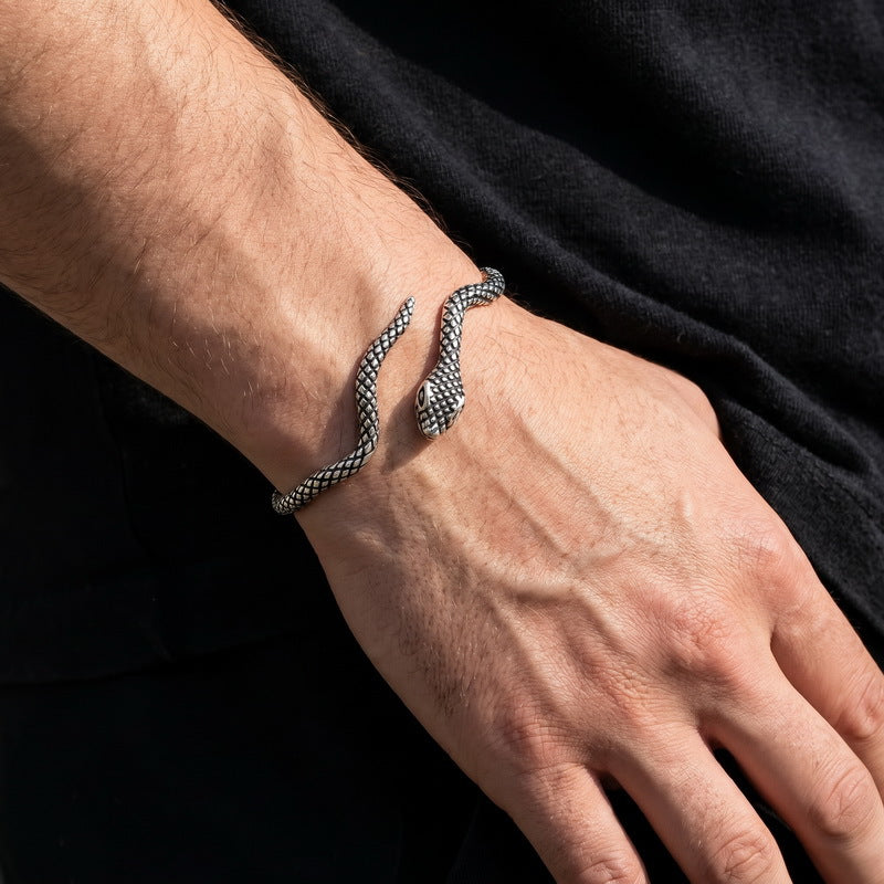 Punk Style Antique Winding Snake Thin Bracelet Goth Zircon Flower Stainless Steel Men's