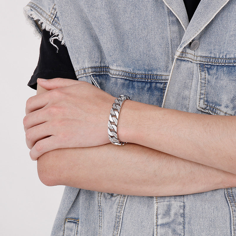 Korea Dongdaemun Glossy – Generous Titanium Steel Men's Zircon Cuban Chain Bracelet