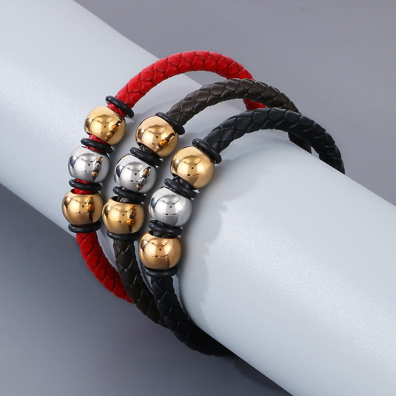 Planderful Mens Stainless Steel Leather Bracelet Hip Hop