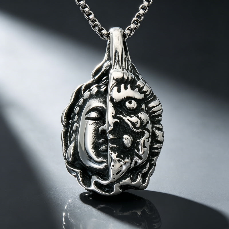 Dark Wind Double Sickle Reaper Pendant Angel Portrait Pendant Two-Sided Buddha Head Stainless Necklace